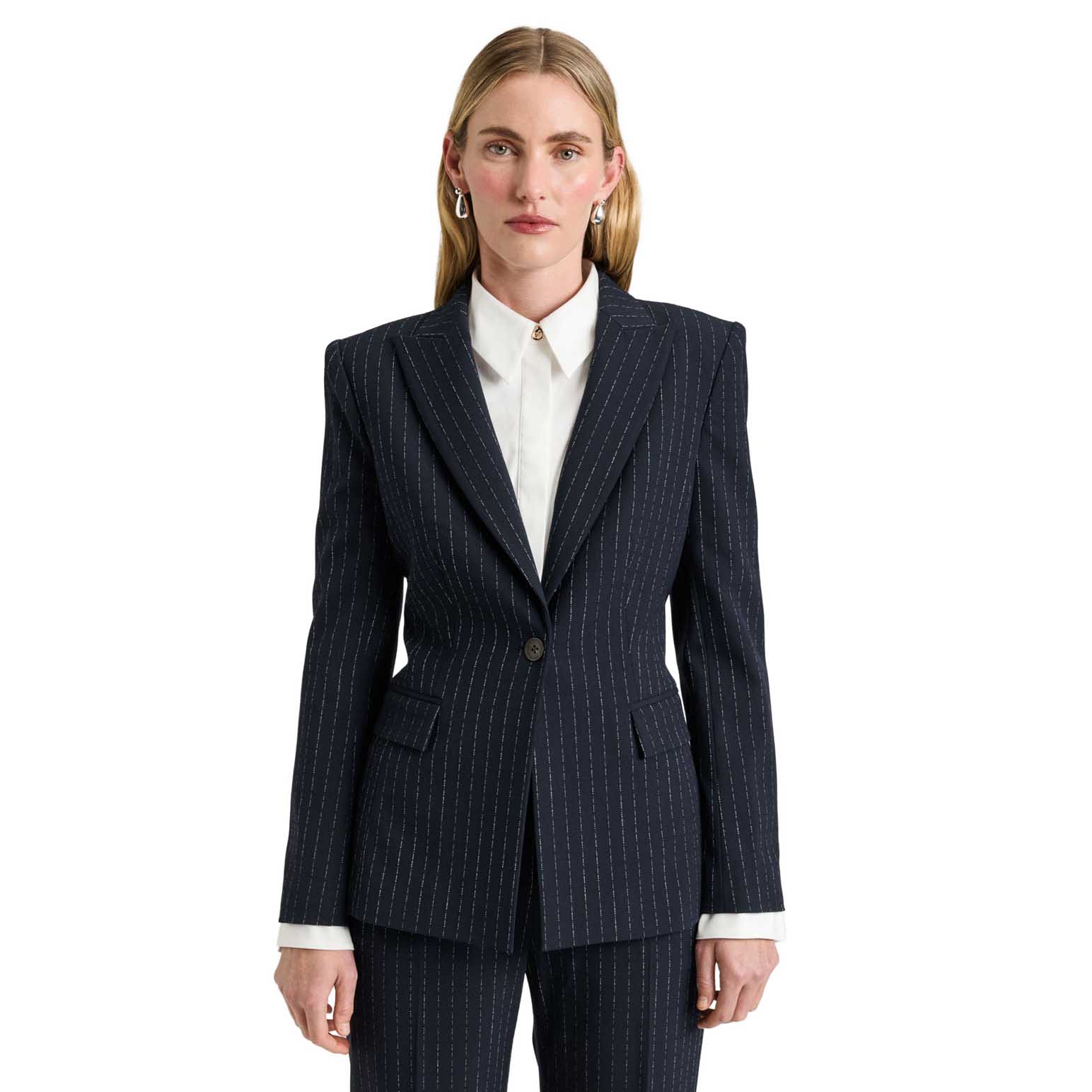 Veronika Maine Navy Pinstripe Fitted Blazer